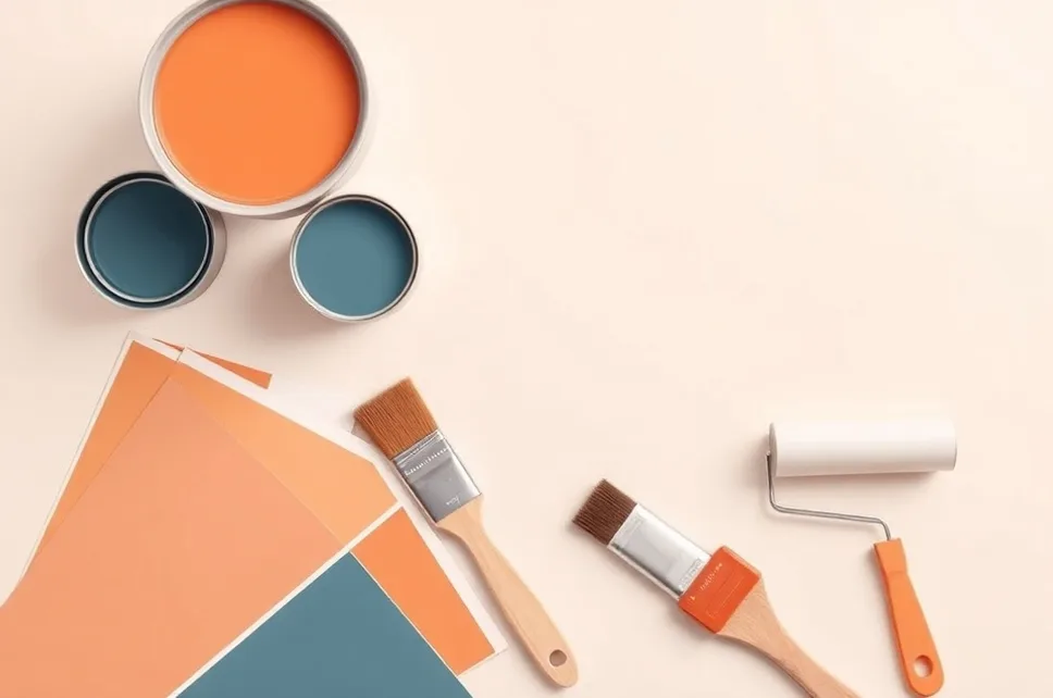 Pots de peinture, nuancier, brosses et rouleaux disposés à plat