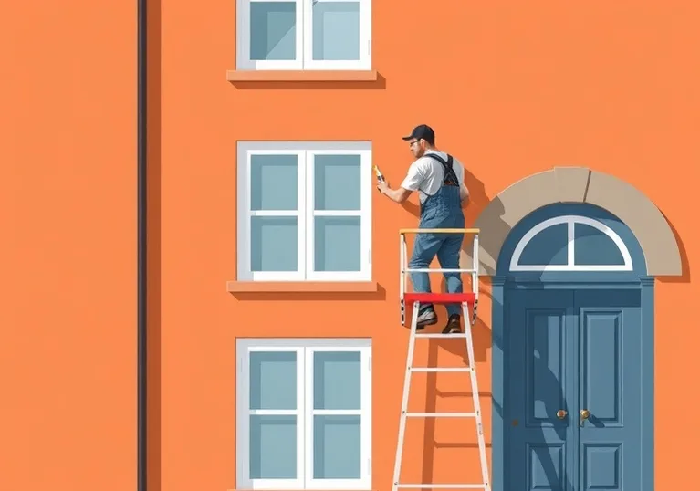 Peintre sur échafaudage traitant la façade d'une maison