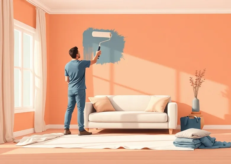 Peintre appliquant la peinture au rouleau sur un mur de salon